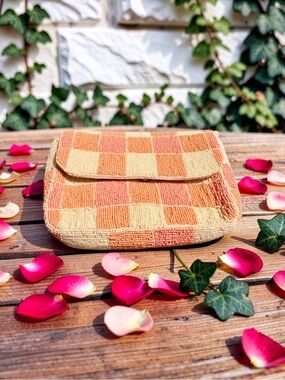 Source Unknown Peach & Cream Beaded Check Shoulder Bag